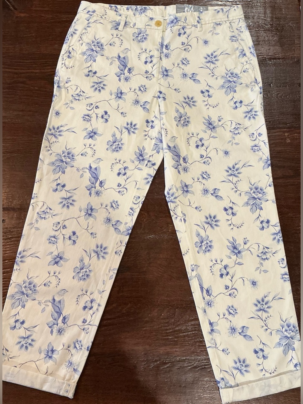 NWT Talbots Relaxed Chino Blue Floral Bird Toile Pants Size 8